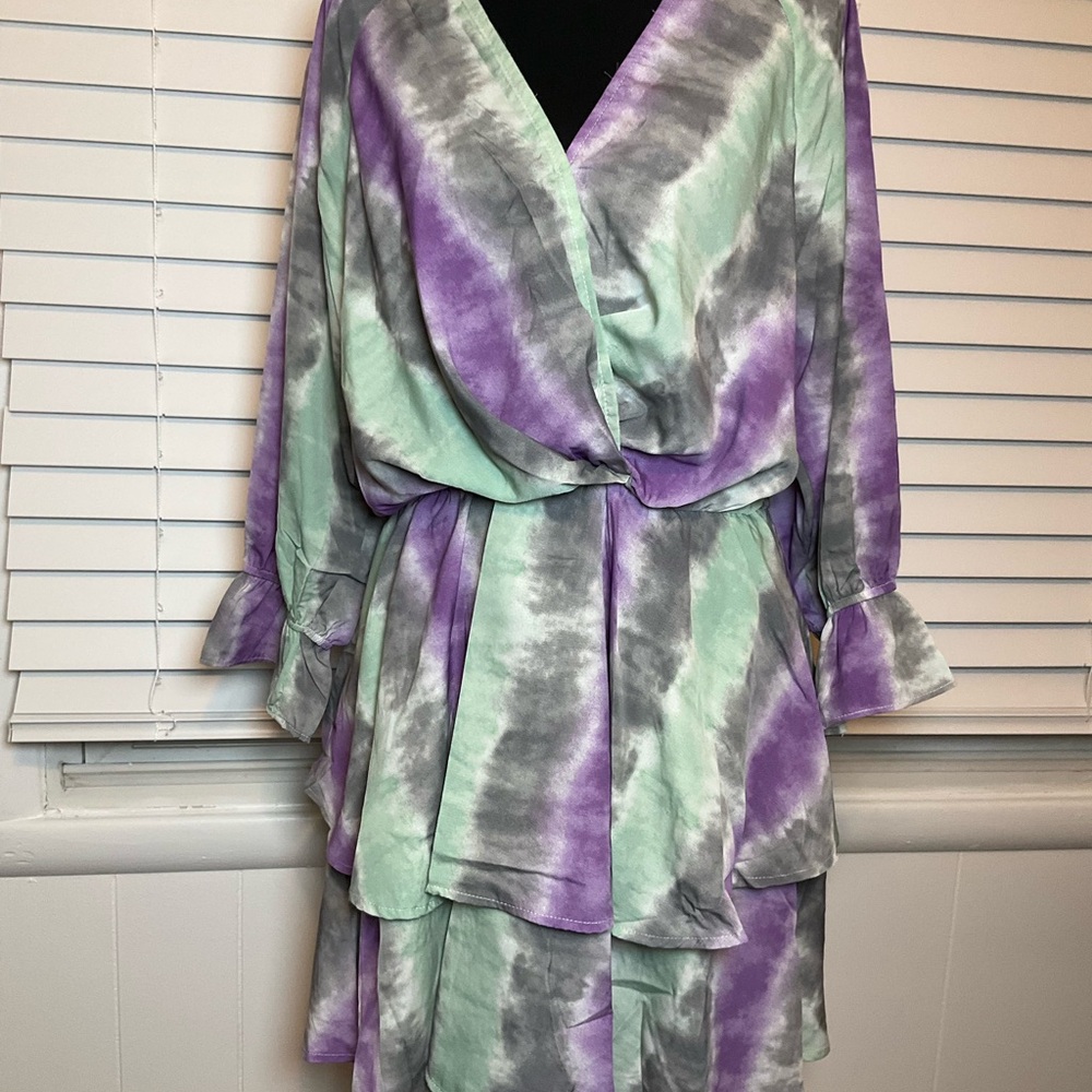 Umgee Long Sleeve Tie-Dye Wrap Dress in Purple, Mint, and Gray